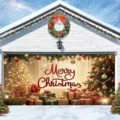 Large Christmas garage door banner with festive gifts and tree design for outdoor decor - Red Text Glowing Christmas Tree (CK-014) / 400x180cm