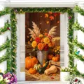 Pancarta de puerta de acción de gracias con estampado de calabazas y flores otoñal - Cubo de Flores y Calabazas (ML-007) / 90x180cm
