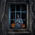 Gruselige Halloween Fenstertapete mit gruseliger Frau und Kürbissen für die Geisterhaus Deko. - 120x80cm / Stil 8