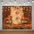 Thanksgiving autumn photography backdrop variant with rustic door and orange pumpkins - 95x75cm