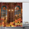 Rustikaler Herbst-Duschvorhang mit Kürbis-, Sonnenblumen- und Vintage-Fensterdesign für Bad - Einzelner Duschvorhang (90x180cm) / Herbstlicher Pastoraler Kürbis (YL-007)