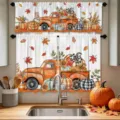 Juego de cortinas de cocina temática cosecha con camión naranja, calabaza y flores - Cenefa (138x45cm) / Camión Vintage Calabaza (CL-005)