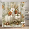 Duschvorhang Herbsternte mit weißen Kürbissen und wunderschönem Herbstblumenmuster - Einzelner Duschvorhang 90x180cm / Weißes Kürbis Blumenmuster (YL-005)