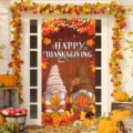 Pancarta de puerta Happy Thanksgiving de otoño con gnomos lindos y calabazas - Gnomos de Acción de Gracias (ML-008) / 90x180cm