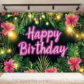 Summer island birthday party backdrop with tropical palm leaves and neon Happy Birthday text - Style SBJ-008