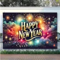 Vibrant fireworks New Year photography backdrop with golden Happy New Year text - New Year Fireworks Backdrop (SBJ-008) / 95x75cm