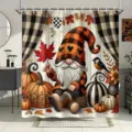 Herbstlicher Duschvorhang mit Zwergen, Kürbissen und Ahornblättern für Badezimmer. - Einzelner Duschvorhang (90x180cm) / Nordischer Zwerg Kürbis (YL-008)