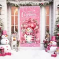 Festiver rosa Weihnachts-Türvorhang mit niedlichem Schneemann-Motiv und Schleife - Rosa Schneemann Festival Stil (ML-010) / 90x180cm