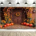 Thanksgiving autumn backdrop featuring pumpkins, sunflowers, and maple leaves for party decoration - SBJ-007 / 95x75cm