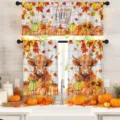 Juego de cortinas de cocina de Acción de Gracias con vaca Highland y calabaza rústica - Estilo de Vaca de las Tierras Altas y Calabaza (CL-007) / Cenefa 138x45cm