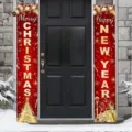 Festive red Merry Christmas and Happy New Year door banners for outdoor holiday porch decor - Christmas New Year Red Background Style (SDL-011)