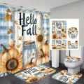Fall bathroom 4-piece set with Hello Fall pumpkin sunflower shower curtain and mats - Single Shower Curtain 90x180cm / Sunflower and Pumpkin Gnomes (YL-009)