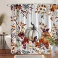 Herbst-Duschvorhang mit weißem Kürbis- und Ahornblattmuster für Bad - Einzelner Duschvorhang (90x180cm) / Ernte Kürbis Ahorn Floral (YL-009)