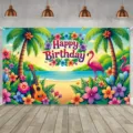 Tropical island Happy Birthday backdrop with flamingos and palm trees for summer parties. - Style SBJ-010
