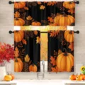 Juego de cortinas para cocina con estampado de calabazas y hojas de arce otoñal - Cenefa (138x45cm) / Calabaza Negra Hoja de Arce (CL-007)