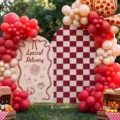 Pizza thema boogvormige party achtergrond met Special Delivery tekst en rood ruitpatroon - Polyester Pizza Thema Stijl (GX-009) / 80x180cm+120x220cm