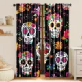 Decorative Day of the Dead sugar skull and floral print black curtains for home window decor - 55x150cm (2 Panels) / CL-002 (Mexican Skull Flowers)