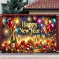 Festive Happy New Year party backdrop featuring fireworks champagne and gift box design - New Year Backdrop (SBJ-011) / 95x75cm