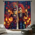 Day of the Dead sugar skull curtains with vibrant rose and lantern print decor - 55x150cm (2 Panels) / CL-003 (Mexican Skull with Roses & Candles)
