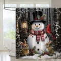 Christmas digital print shower curtain featuring a vintage snowman and forest animals scene - Single Shower Curtain 90x180cm / YL-002 (Snowman with Animals)