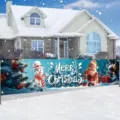 Christmas outdoor fence banner with cartoon snowman and Santa Claus for yard decor - Santa Snowman Blue Backdrop Style (SHF-012)