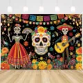 Mexican Day of the Dead backdrop banner with sugar skulls and skeletons for party decor. - 95x75cm / YD-BJB265