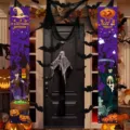Purple Halloween porch banners with witch, pumpkin and skeleton designs for home decor. - Purple Witch Grim Reaper Style / 30x150cm (SDL-012) / Purple Holiday Banner