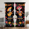 Vibrant Day of the Dead blackout curtains featuring sugar skulls and colorful floral patterns - 55x150cm (2 Panels) / CL-004 (Mexican Skull Musicians)