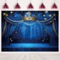Koningsblauwe toneelgordijn fotografie achtergrond met gouden kroon en sterren verjaardagsthema - 95x75cm / SBJ-001 / Koningsblauw