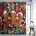Christmas shower curtain featuring festive gingerbread man and candy cane design. - Single Shower Curtain 90x180cm / YL-004 (Gingerbread Man)