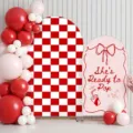 Rood geruite en roze 'She's Ready to Pop' boogachtergrondhoezen voor baby shower - Polyester Stijl - Rood & Roze Schaakbord Feestthema (GX-011) / 80x180cm + 120x220cm