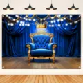 Koningsblauwe foto achtergrond met gouden kroon en troon voor verjaardagsfeestjes - 95x75cm / SBJ-002 / Koningsblauw