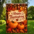 Festive Happy Thanksgiving garden flag featuring pumpkins and colorful autumn maple leaves - 30x45cm (Q-013)