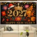 Festive 2027 New Year party backdrop cloth with crown and gingerbread man designs - 2027 New Year Backdrop (SBJ-012) / 95x75cm