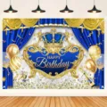 Koningsblauwe verjaardag fotografie achtergrond met gouden kroon en ballonnen voor feest - 95x75cm / Verjaardagsfeestje Achtergrond (SBJ-004) / Koningsblauw