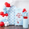 Blauw geruite boogachtergrond voor babyshower met versieringen voor ballonbogen set - Polyester Stijl - Blauw & Wit Schaakbord Feestthema (GX-012) / 80x180cm + 120x220cm