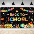 Back to school backdrop with school bus and supplies for classroom party - School Bus Back to School Theme (SBJ-001) / 95x75cm