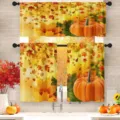 Juego de cortinas de cocina de otoño con estampados de calabazas y hojas de arce. - Cenefa (138x45cm) / Cosecha de Otoño Calabaza (CL-010)