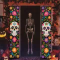 Mexican style Day of the Dead porch banners featuring vibrant floral patterns and skull designs - Black Floral Skull Style (SDL-003) / 30x150cm / Colorful