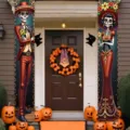 Mexican Day of the Dead skeleton couple porch banners for festive home door decoration - Orange Red Background Skull Style (SDL-004) / 30x150cm / Colorful