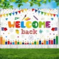 Colorful 'Welcome Back' back-to-school party banner with pencil and stationery design. - Colorful Stationery Welcome Back Theme (SBJ-002) / 95x75cm
