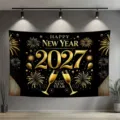 Festive 2027 Happy New Year backdrop featuring golden champagne and fireworks design - New Year Backdrop (SBJ-014) / 95x75cm