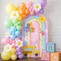 Housse de fond en arche pour la rentrée scolaire avec arc-en-ciel et bus scolaire - Polyester Standard (SGX-002) / 50x120CM