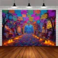 Vibrant Mexican Day of the Dead backdrop banner with colorful papel picado and candles decor - 95x75cm / DABJB003