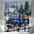 Festive Christmas shower curtain featuring a vintage blue truck in a snowy winter landscape - Single Shower Curtain 90x180cm / YL-005 (Retro Truck)