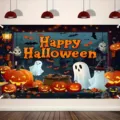 Halloween party backdrop with Happy Halloween lettering ghosts and decorative pumpkins - SBJ-011 Style / 95x75cm