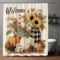 Herbstlicher Duschvorhang mit Kürbis- und Sonnenblumenmotiv und Welcome-Schriftzug - Einzelner Duschvorhang 90x180cm / Sonnenblume Kürbis Willkommensmuster (YL-012)