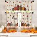 Juego de cortinas de cocina rústicas para Acción de Gracias con estampado de calabaza - Cenefa Individual (CL-012) / Cenefa 138x45cm