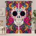 Vibrant Sugar Skull floral curtains for Day of the Dead festive home decor. - CL-005 (Sugar Skull And Flowers)