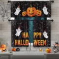 Halloween kitchen curtain set featuring festive pumpkins and ghosts on black fabric - Valance (138x45cm) / Style CL-005